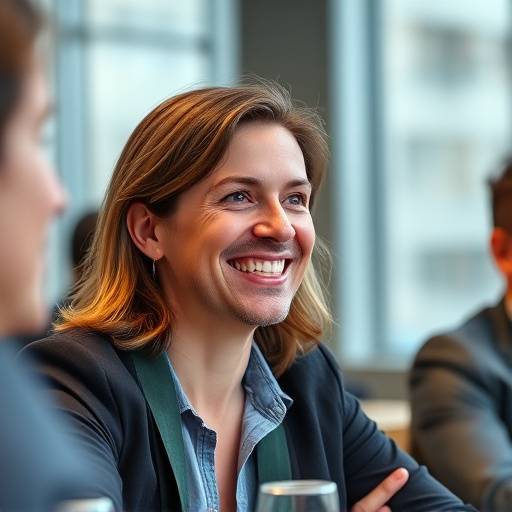 Imagem do curso: pessoa sorrindo enquanto fala com outra pessoa em uma reunião.